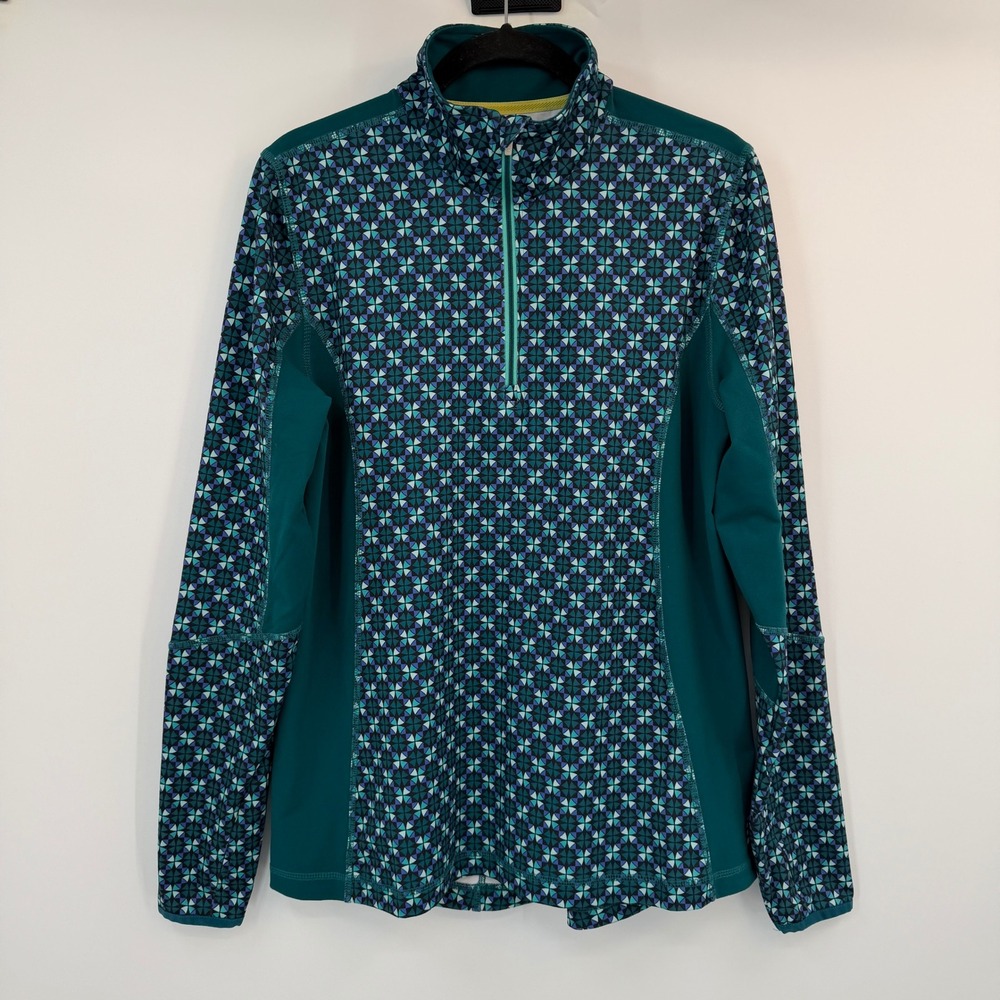 Lands End Teal Geometric Mosaic Quarter Zip Active Pullover Large Fitness Active